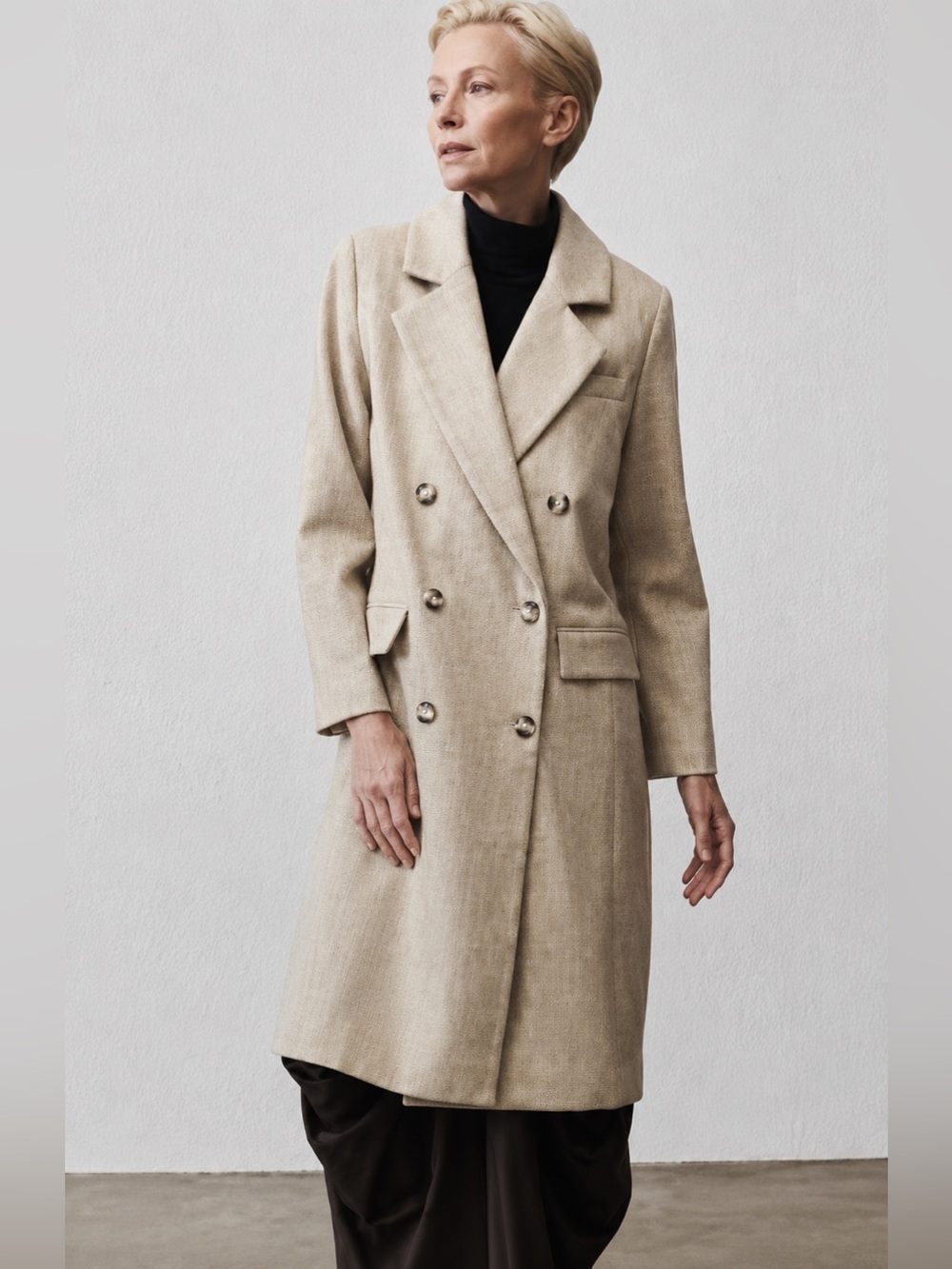 Ruti The Soho Long Wool Coat Jacket Double Breast Herringbone S/m $439 Oat Beige